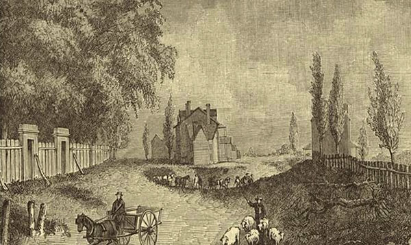 Las calles de Bowery y Broadway en 1831 (después convertido en Union Square).