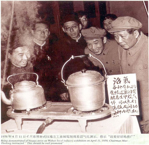 Figure 6. Chairman Mao views a biogas stove demonstration, 1958