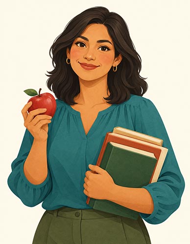 Profesora con una manzana y libros